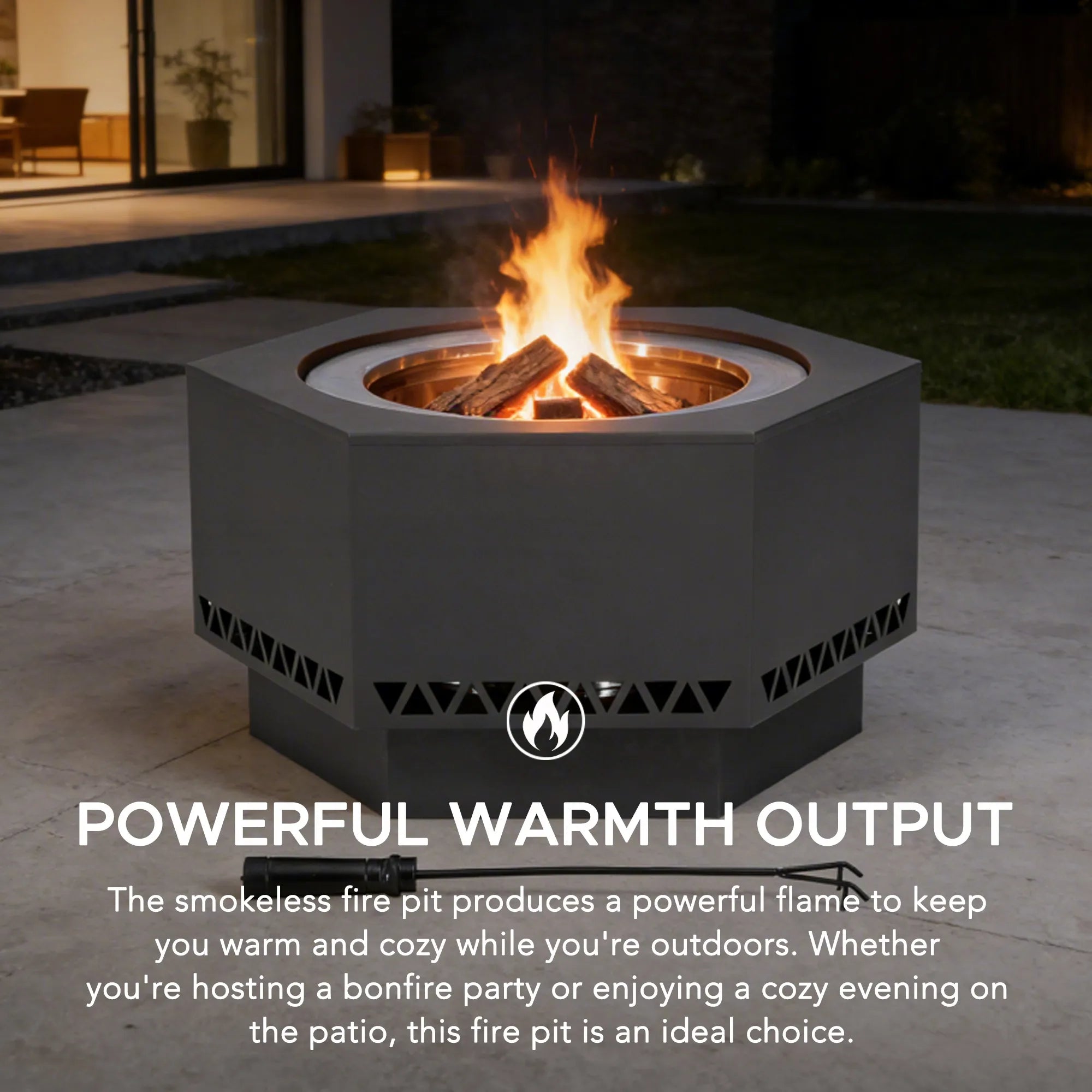 SUNJOY 28 Inch Hexagon Stainless Steel Smokeless Fire Pit with PVC Cover - Triangle Pattern & Gray