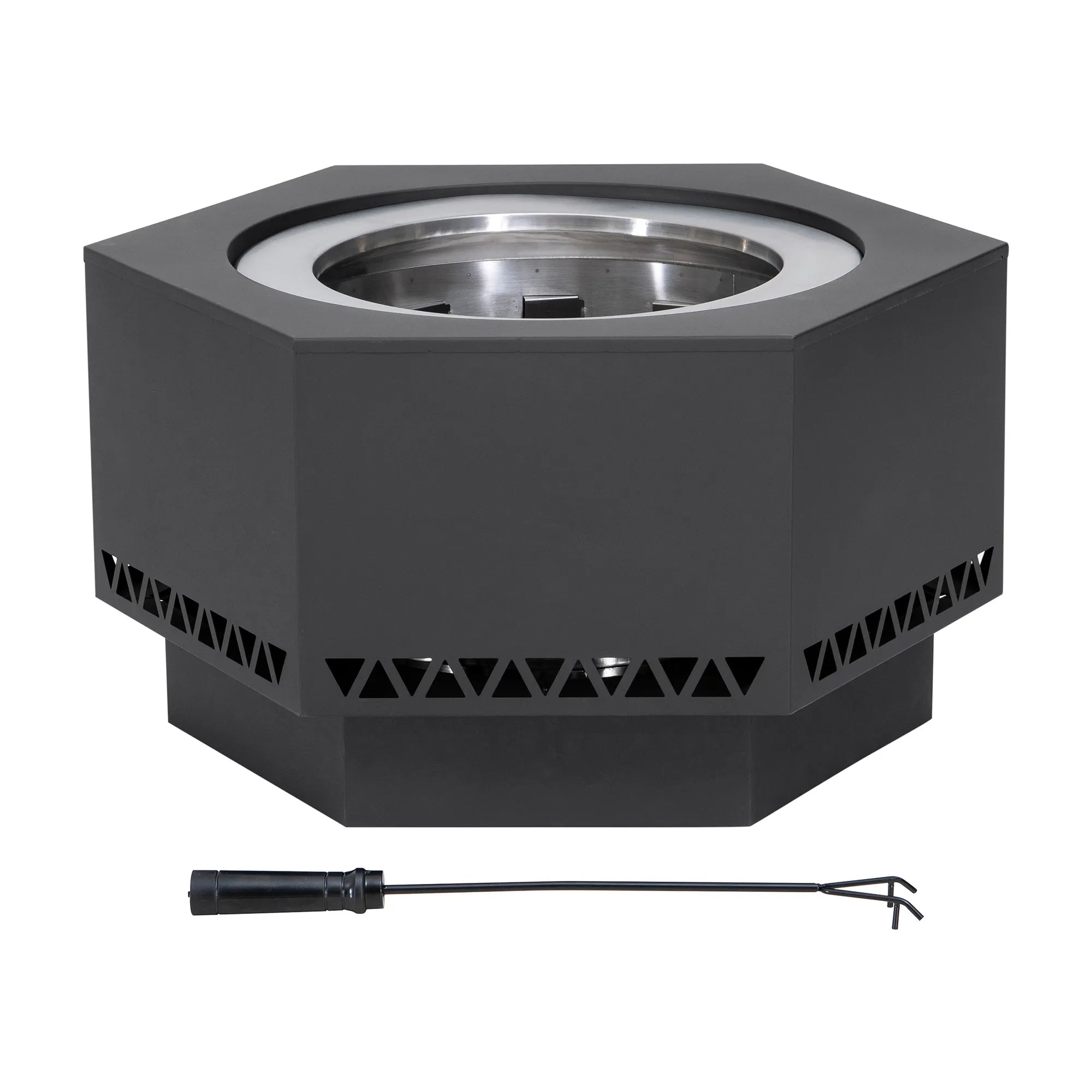 SUNJOY 28 Inch Hexagon Stainless Steel Smokeless Fire Pit with PVC Cover - Triangle Pattern & Gray