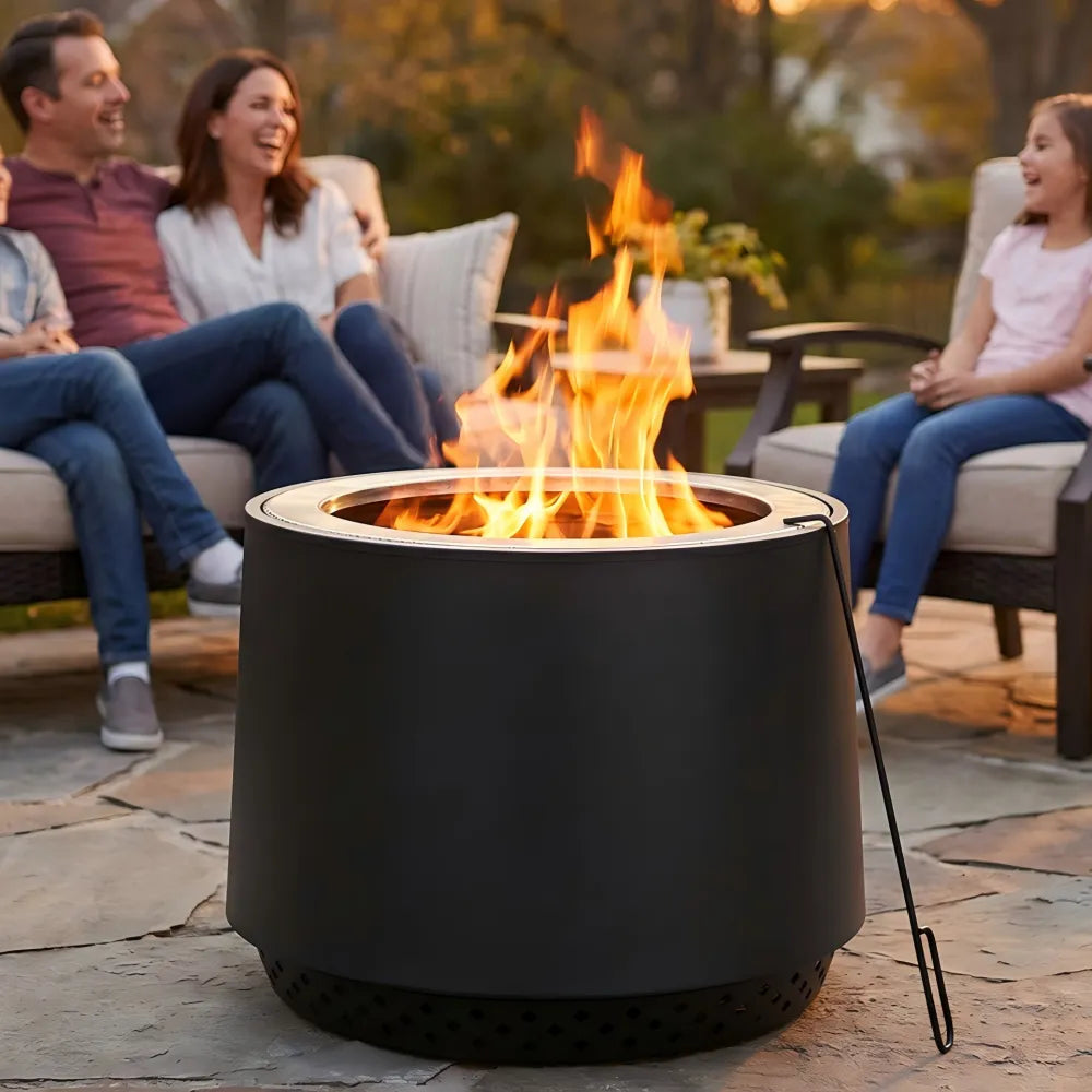 SUNJOY 21 Inch Cylindrical Stainless Steel Smokeless Fire Pit with PVC Cover and Poker - Black
