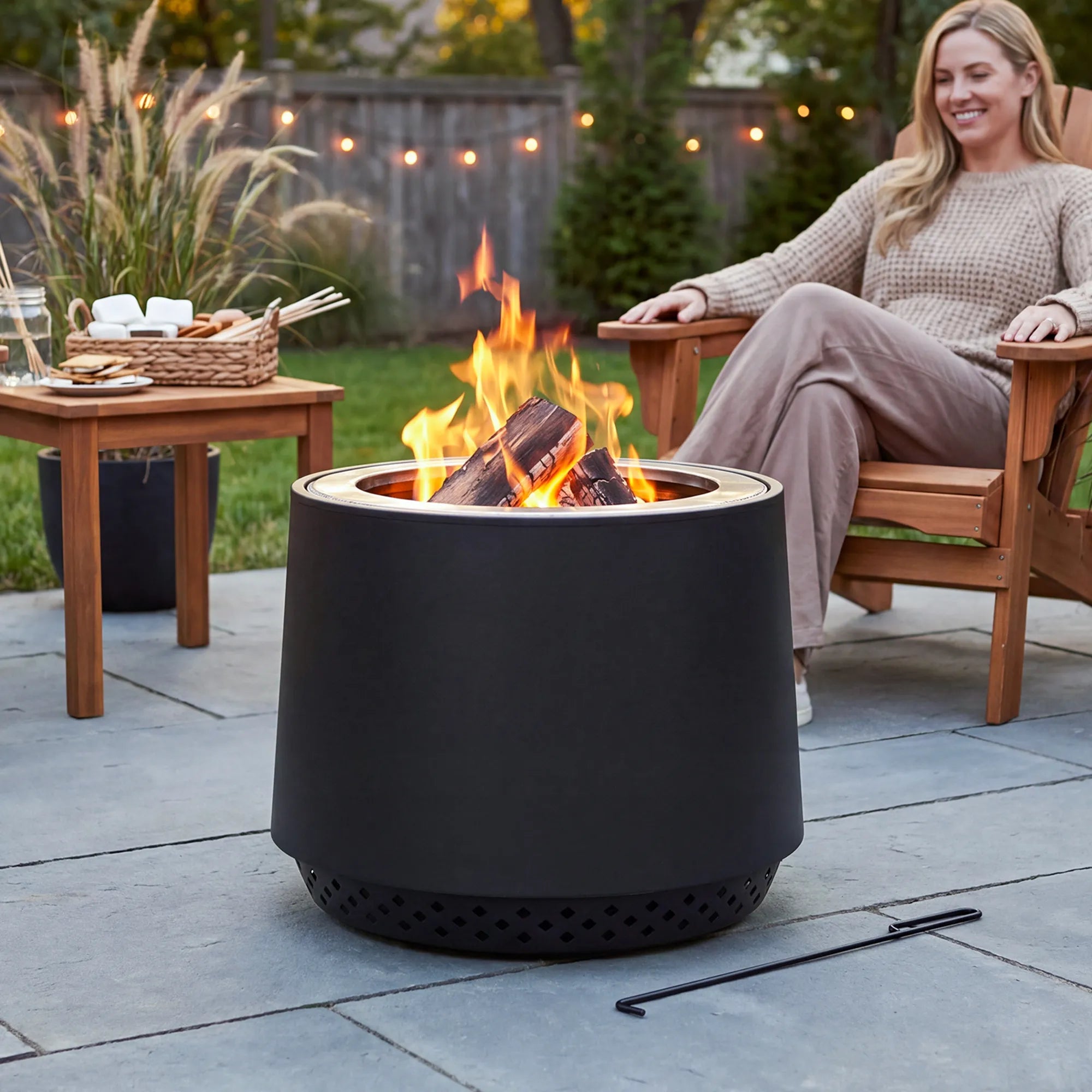 SUNJOY 21 Inch Cylindrical Stainless Steel Smokeless Fire Pit with PVC Cover and Poker - Black