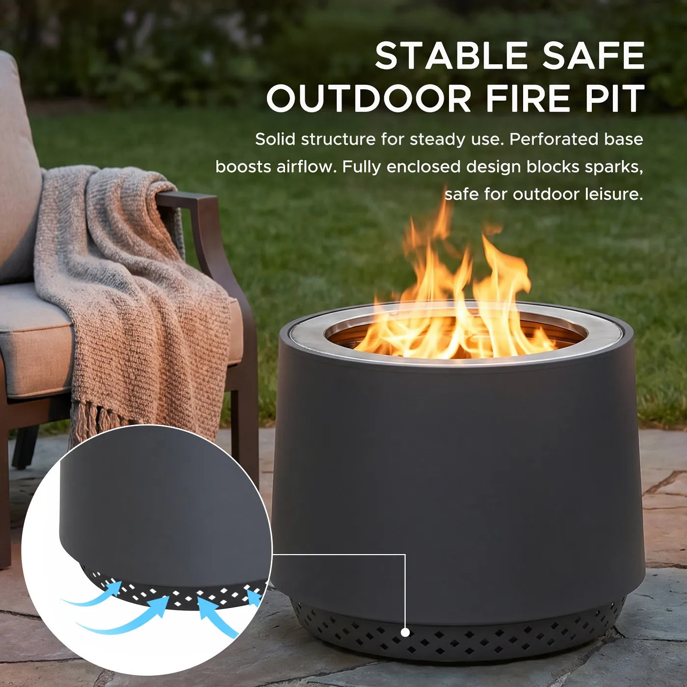 SUNJOY 21 Inch Cylindrical Stainless Steel Smokeless Fire Pit with PVC Cover and Poker - Gray