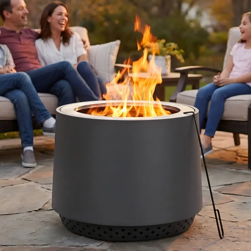 SUNJOY 21 Inch Cylindrical Stainless Steel Smokeless Fire Pit with PVC Cover and Poker - Gray