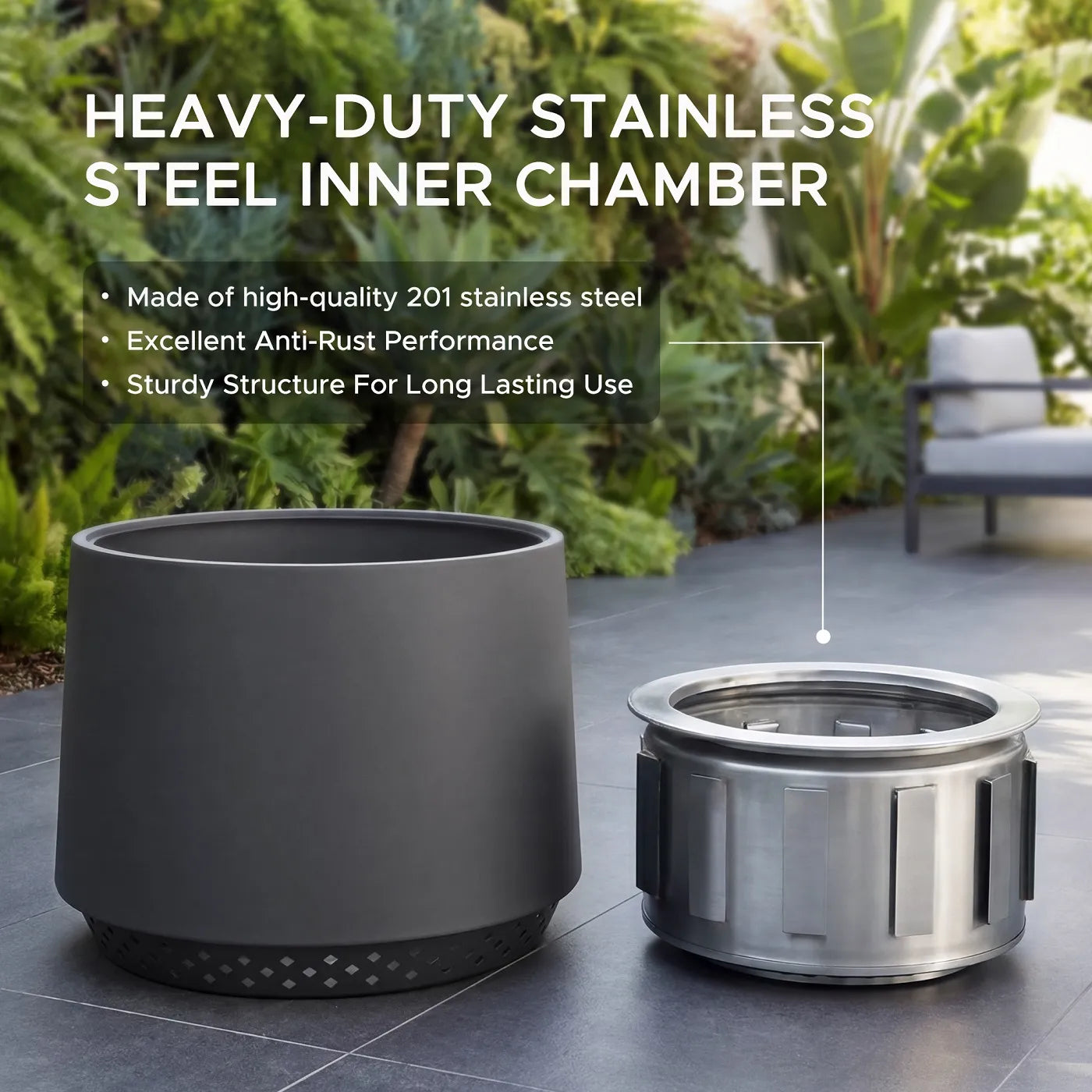 SUNJOY 21 Inch Cylindrical Stainless Steel Smokeless Fire Pit with PVC Cover and Poker - Gray
