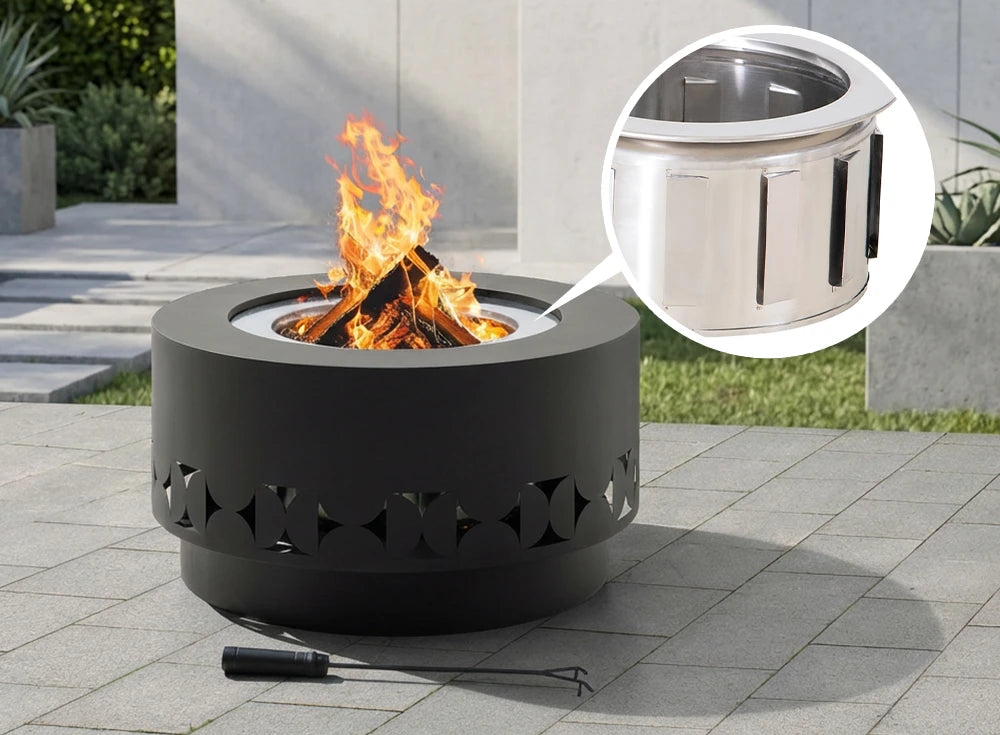 SUNJOY 28 Inch Round Stainless Steel Smokeless Fire Pit with PVC Cover and Poker - Triangle Pattern & Gray