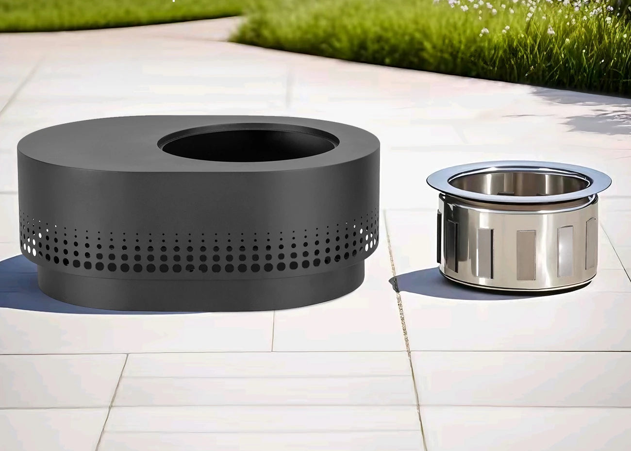 SUNJOY 38 Inch Stainless Steel Smokeless Fire Pit with PVC Cover and Poker - Dot Grid & Gray
