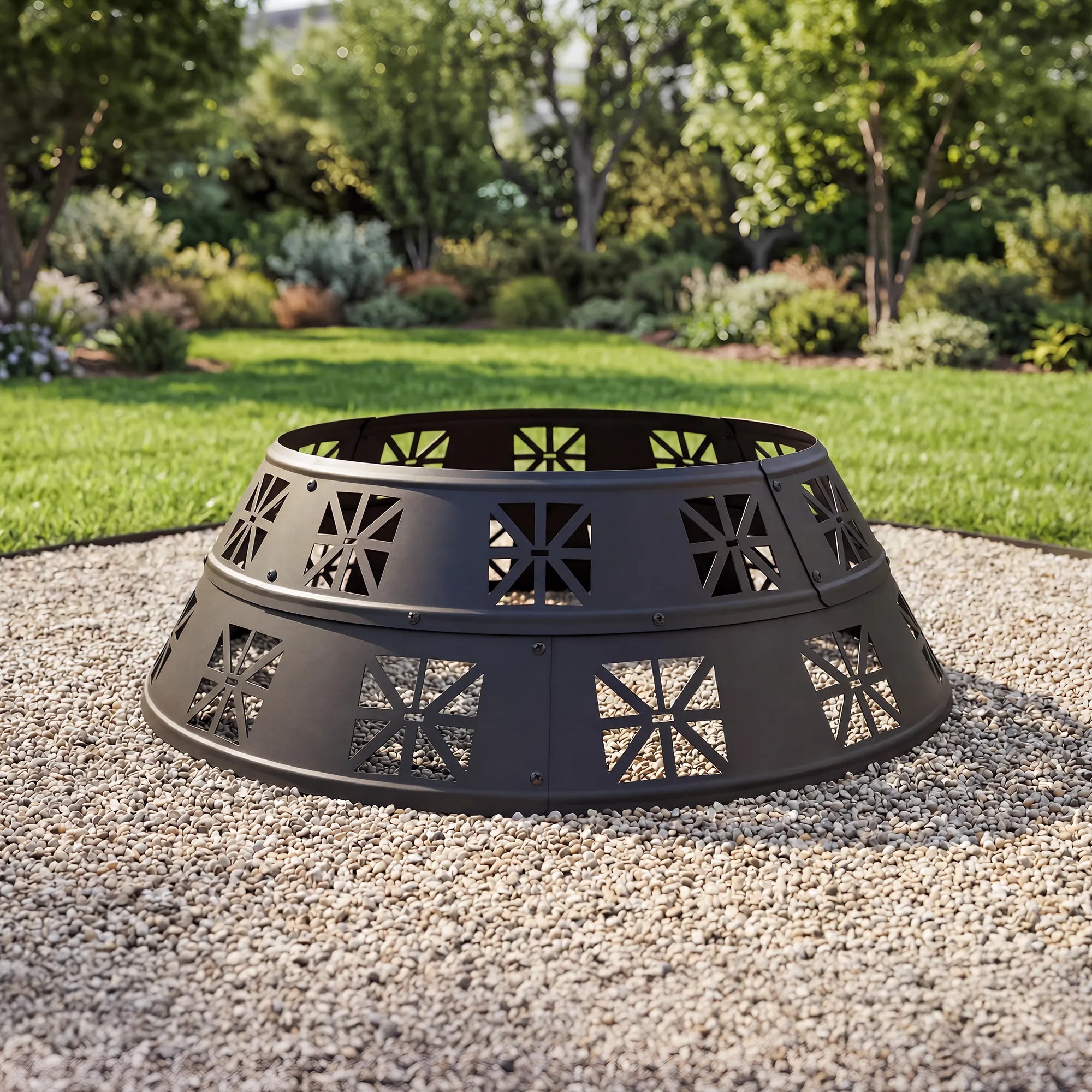 SUNJOY 36 Inch Heavy-Duty Steel Fire Pit Ring with Decorative Cutouts