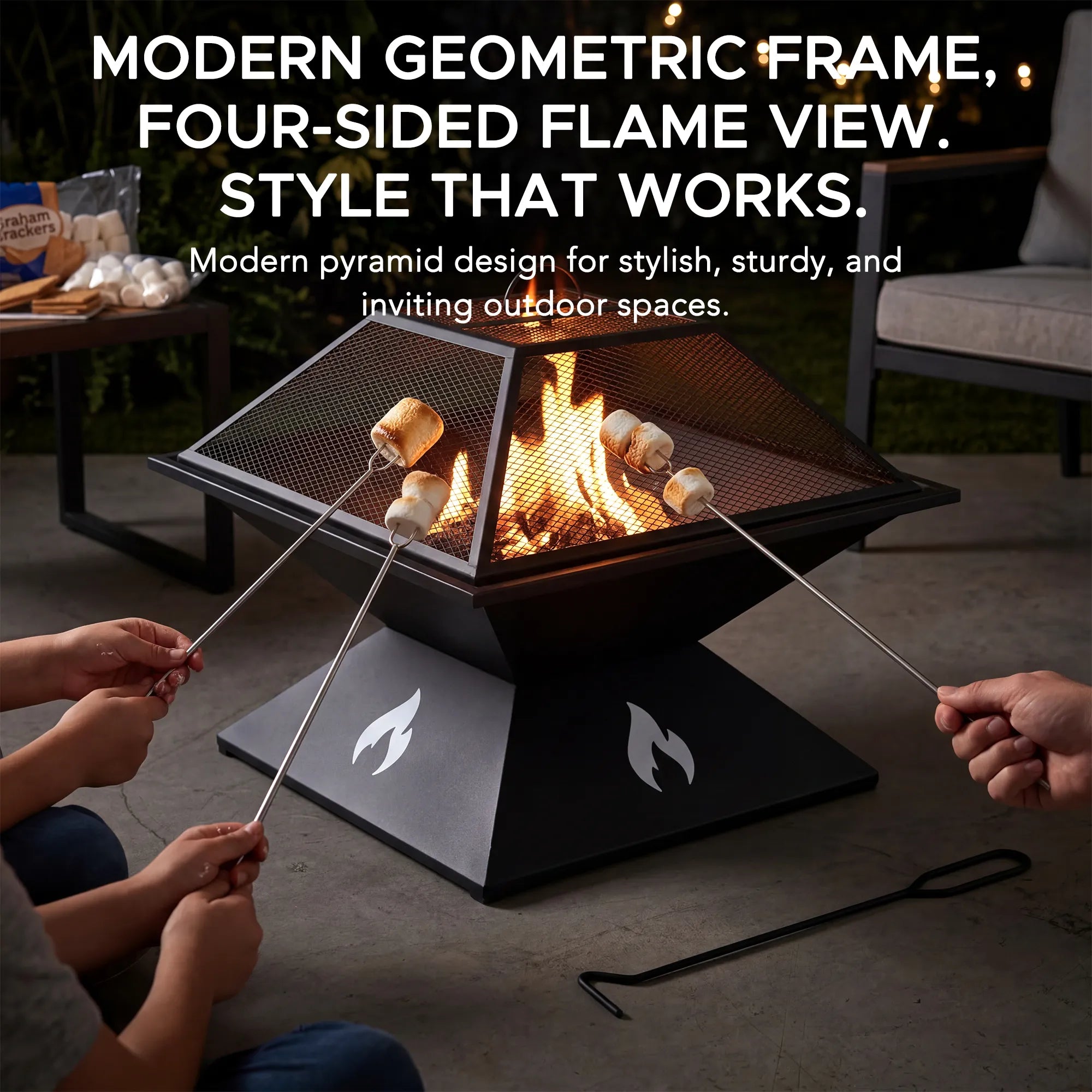 SUNJOY 20 Inch Compact Steel Fire Pit with Geometric Base, Spark Screen & Fire Poker