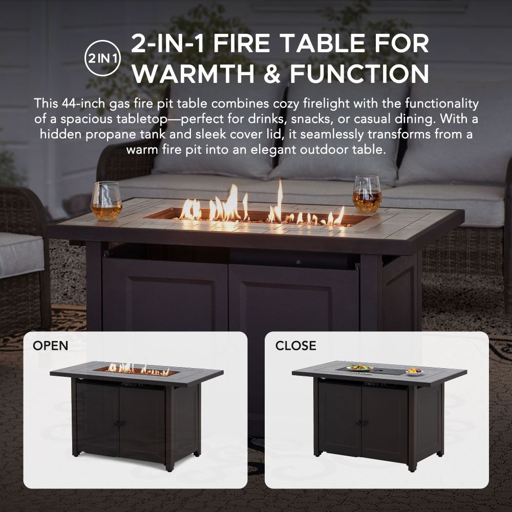 SUNJOY 44 Inch Propane Gas Fire Pit Table with Tile Tabletop & Lava Rocks