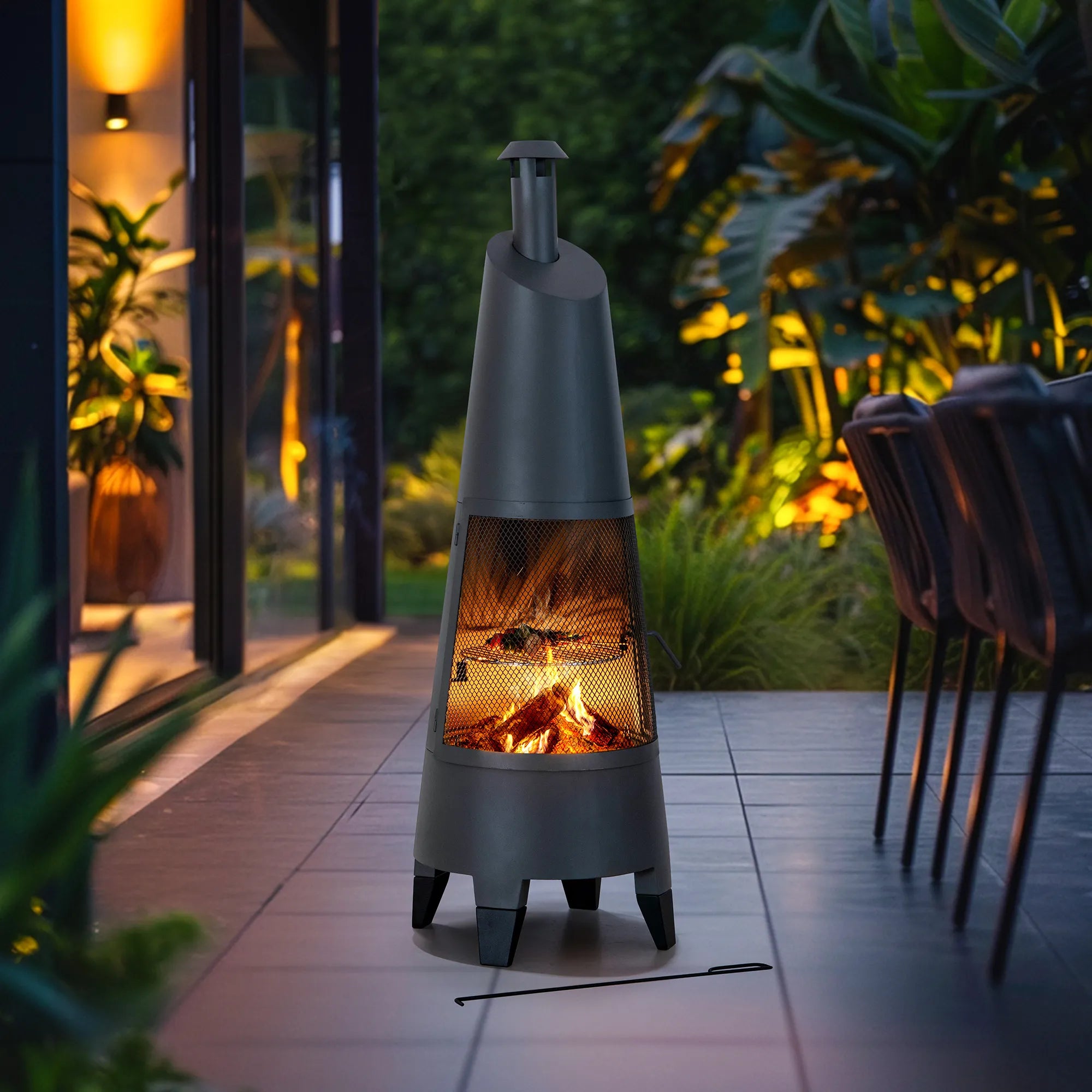 SUNJOY 57 Inch 2-in-1 Chiminea Fire Pit & Grill with Removable Grill Grate and PVC Cover - Gray
