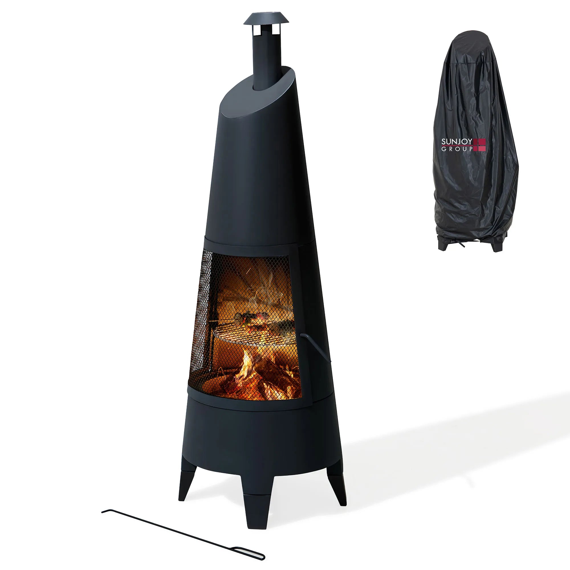 SUNJOY 57 Inch 2-in-1 Chiminea Fire Pit & Grill with Removable Grill Grate and PVC Cover - Black