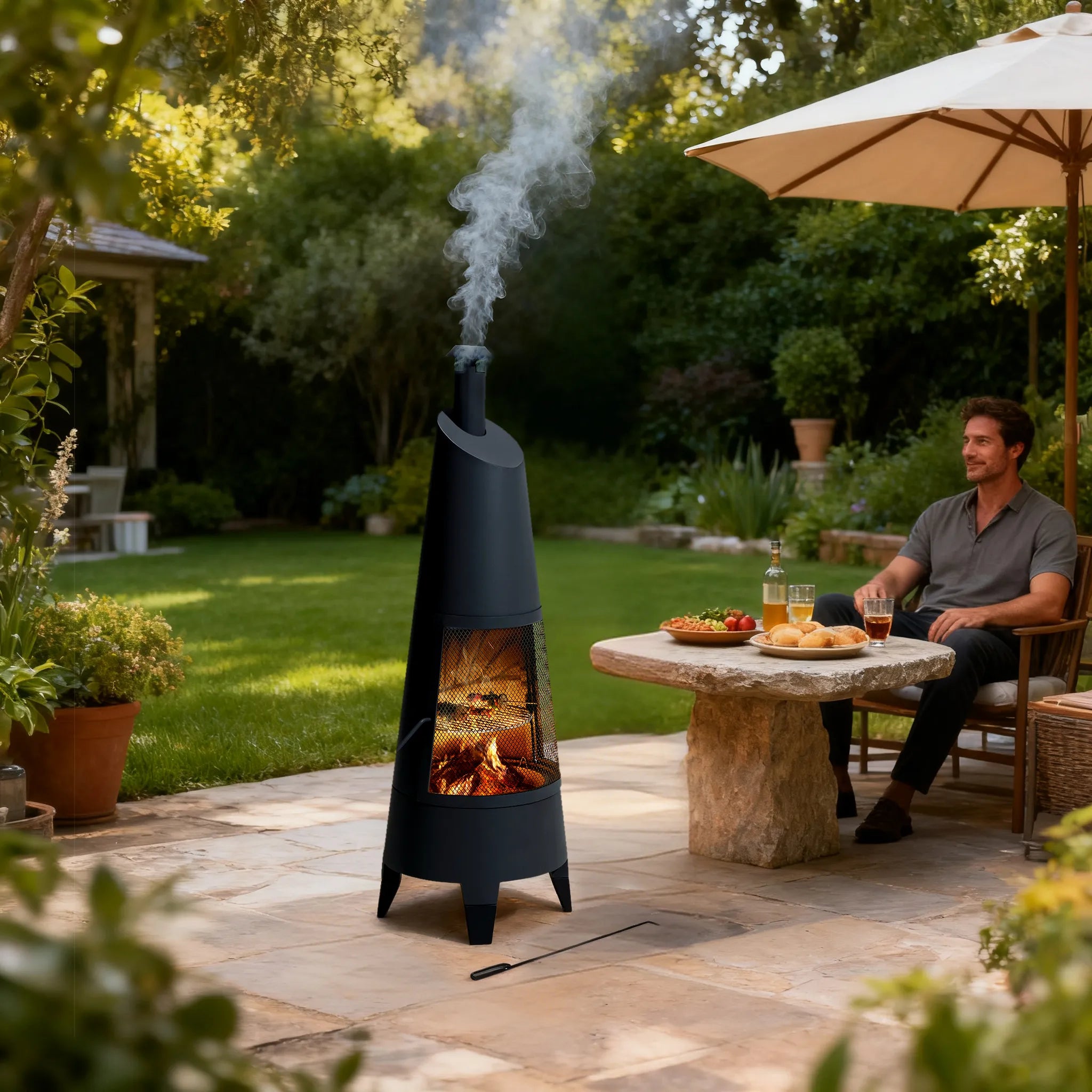 SUNJOY 57 Inch 2-in-1 Chiminea Fire Pit & Grill with Removable Grill Grate and PVC Cover - Black