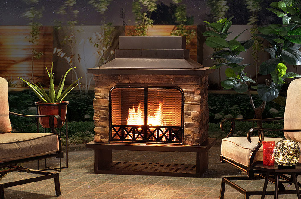 SUNJOY 48 Inch Outdoor Stone Fireplace Kit with Chimney and Doors