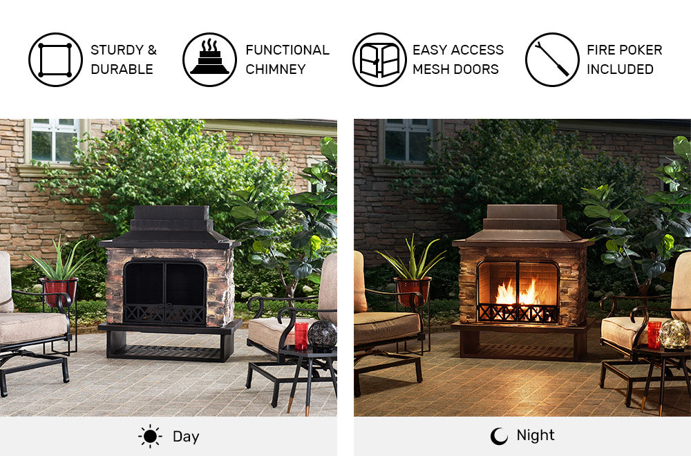 SUNJOY 48 Inch Outdoor Stone Fireplace Kit with Chimney and Doors