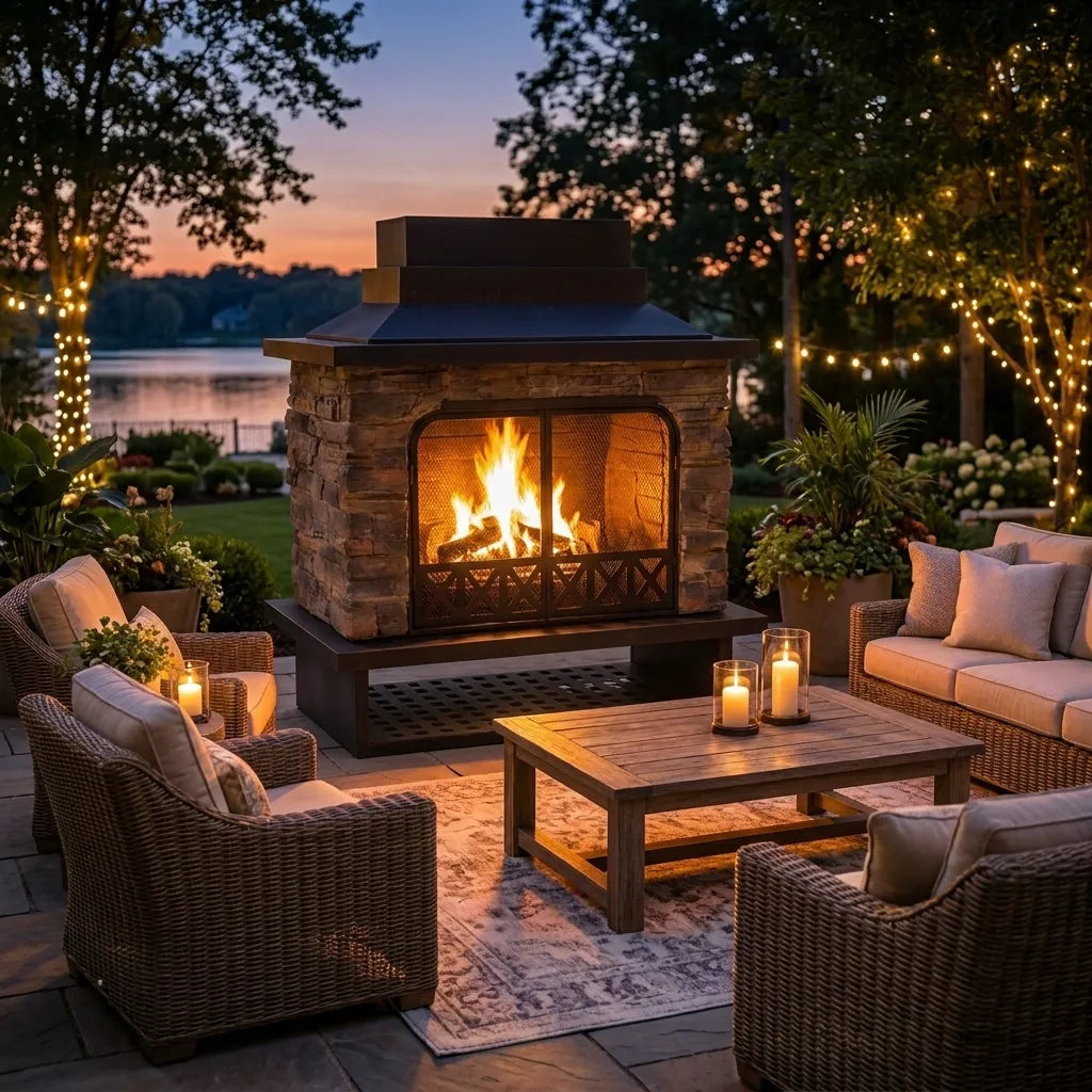 Outdoor patio scene at dusk with a stone fireplace featuring a glowing fire, surrounded by wicker chairs, a wooden coffee table, and a sofa. String lights, plants, and a lake view are visible in the background.