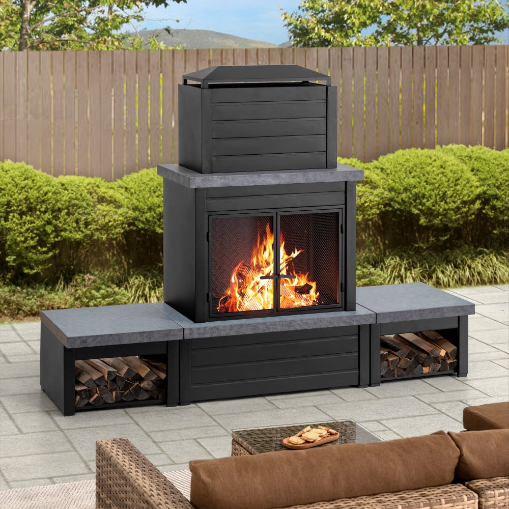 SUNJOY 58 Inch Modern Outdoor Fireplace with Chimney & Log Holders