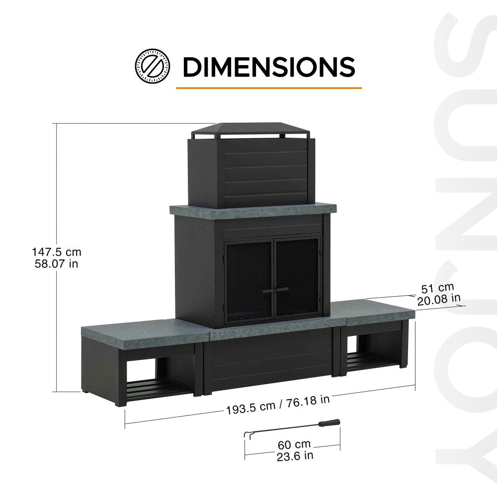 SUNJOY 58 Inch Modern Outdoor Fireplace with Chimney & Log Holders.