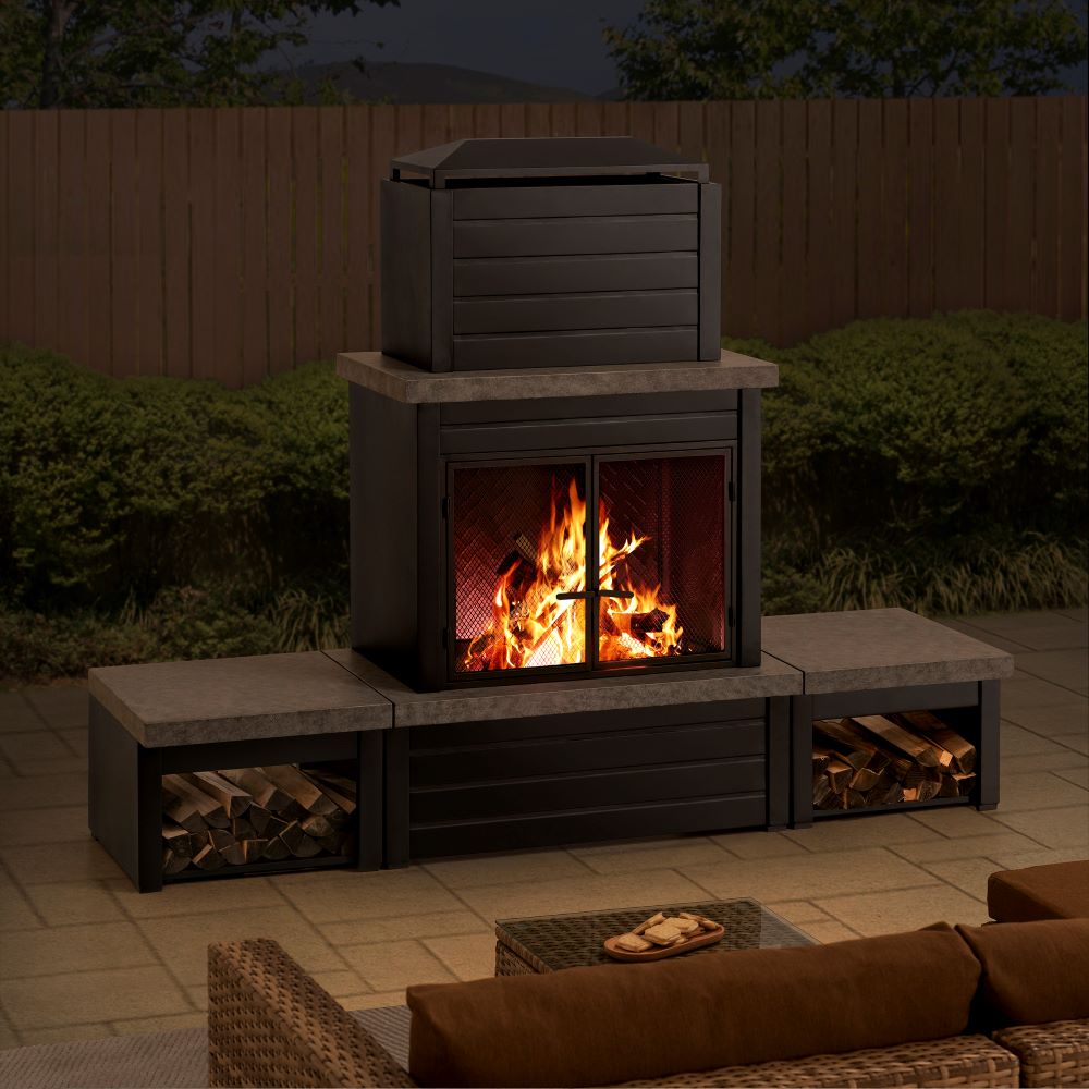 SUNJOY 58 Inch Modern Outdoor Fireplace with Chimney & Log Holders.