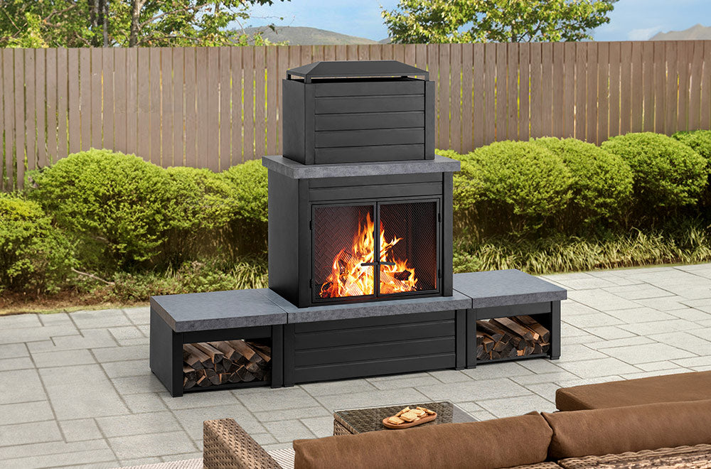 SUNJOY 58 Inch Modern Outdoor Fireplace with Chimney & Log Holders