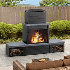 Sunjoy 58 in. Wood Burning Fireplace, Steel Outdoor Fireplace with Chimney, Log Holders, Fireplace Tool, and PVC Cover.
