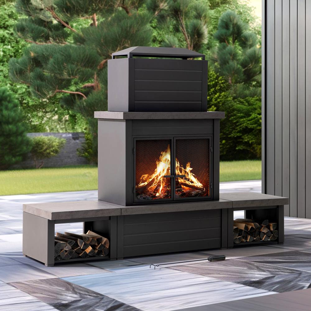 SUNJOY 58 Inch Modern Outdoor Fireplace with Chimney & Log Holders