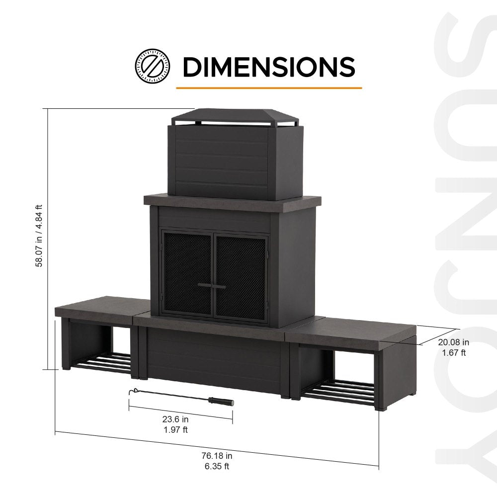 SUNJOY 58 Inch Modern Outdoor Fireplace with Chimney & Log Holders