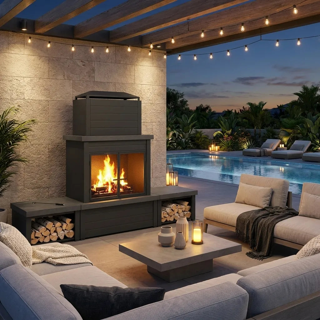 A modern dark gray outdoor fireplace with a lit fire, set in a stone-walled patio area at dusk. The fireplace is styled with a matching storage unit, firewood bins, and a built-in shelf.