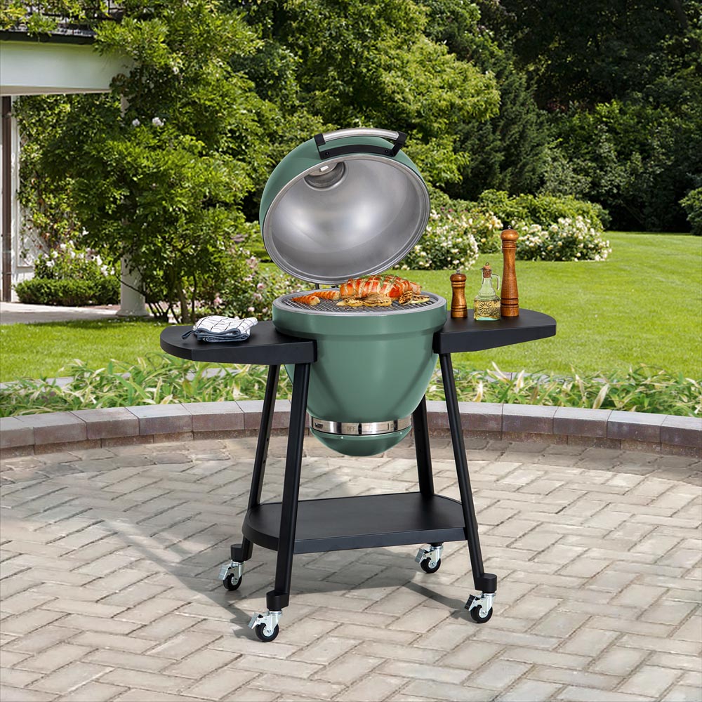 SUNJOY 20 Inch Charcoal Grill, Kamado Grill with Pizza Stone, Ultimate Egg BBQ Grill and Smoker with Wheels - Green