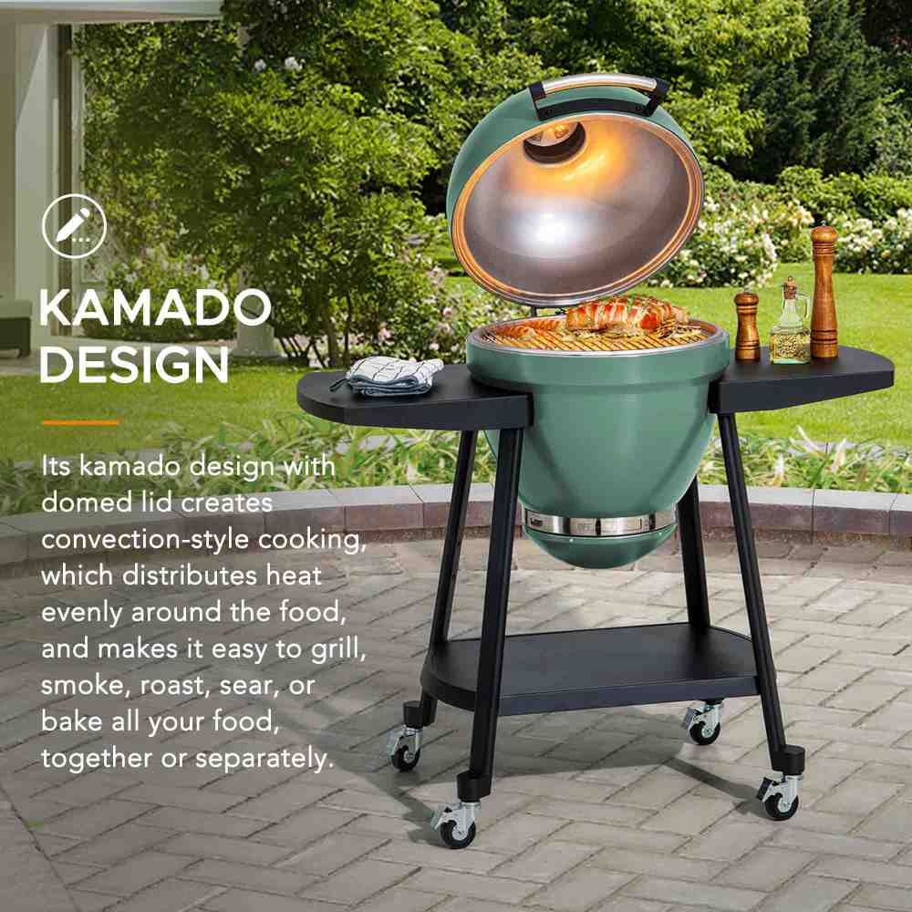 SUNJOY 20 Inch Charcoal Grill, Kamado Grill with Pizza Stone, Ultimate Egg BBQ Grill and Smoker with Wheels - Green