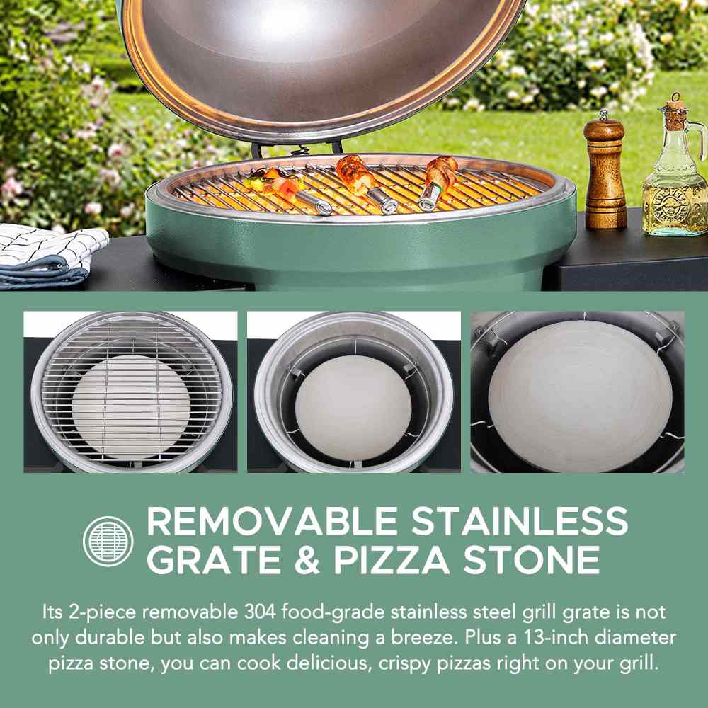 SUNJOY 20 Inch Charcoal Grill, Kamado Grill with Pizza Stone, Ultimate Egg BBQ Grill and Smoker with Wheels - Green