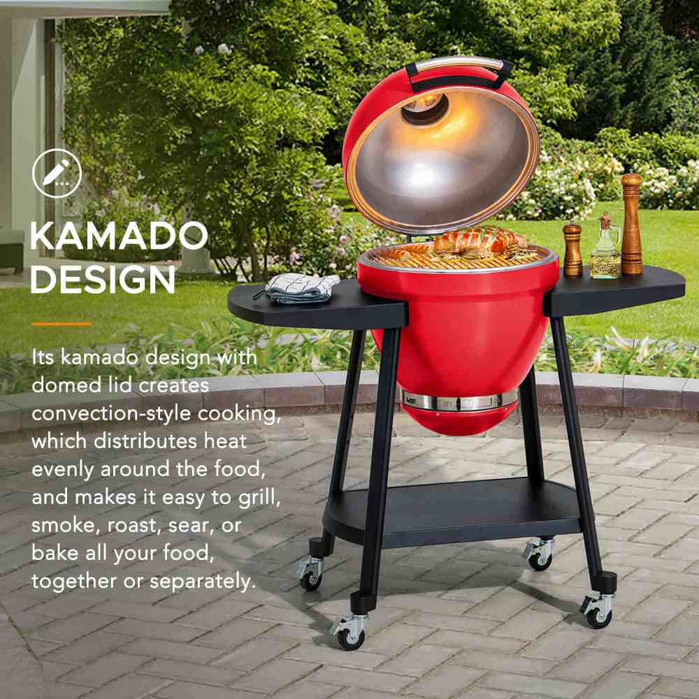 SUNJOY 20 Inch Charcoal Grill, Kamado Grill with Pizza Stone, Ultimate Egg BBQ Grill and Smoker with Wheels.