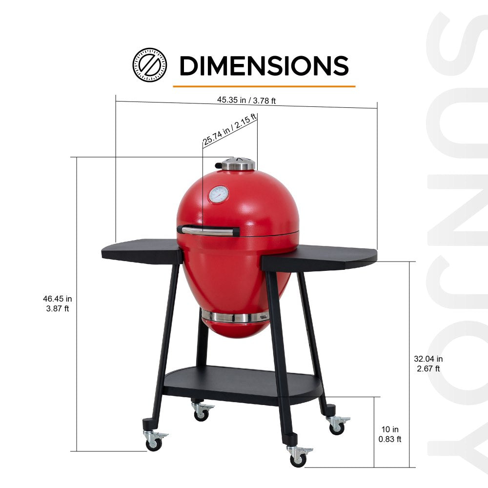 SUNJOY 20 Inch Charcoal Grill, Kamado Grill with Pizza Stone, Ultimate Egg BBQ Grill and Smoker with Wheels.