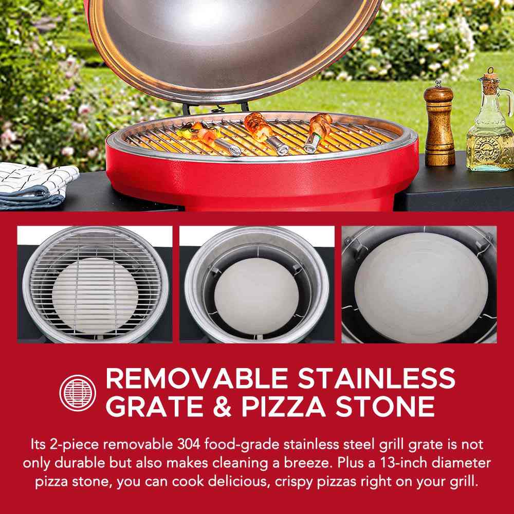 SUNJOY 20 Inch Charcoal Grill, Kamado Grill with Pizza Stone, Ultimate Egg BBQ Grill and Smoker with Wheels.