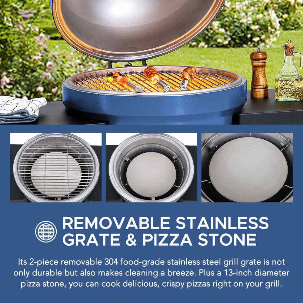 SUNJOY 20 Inch Charcoal Grill, Kamado Grill with Pizza Stone, Ultimate Egg BBQ Grill and Smoker with Wheels - Blue