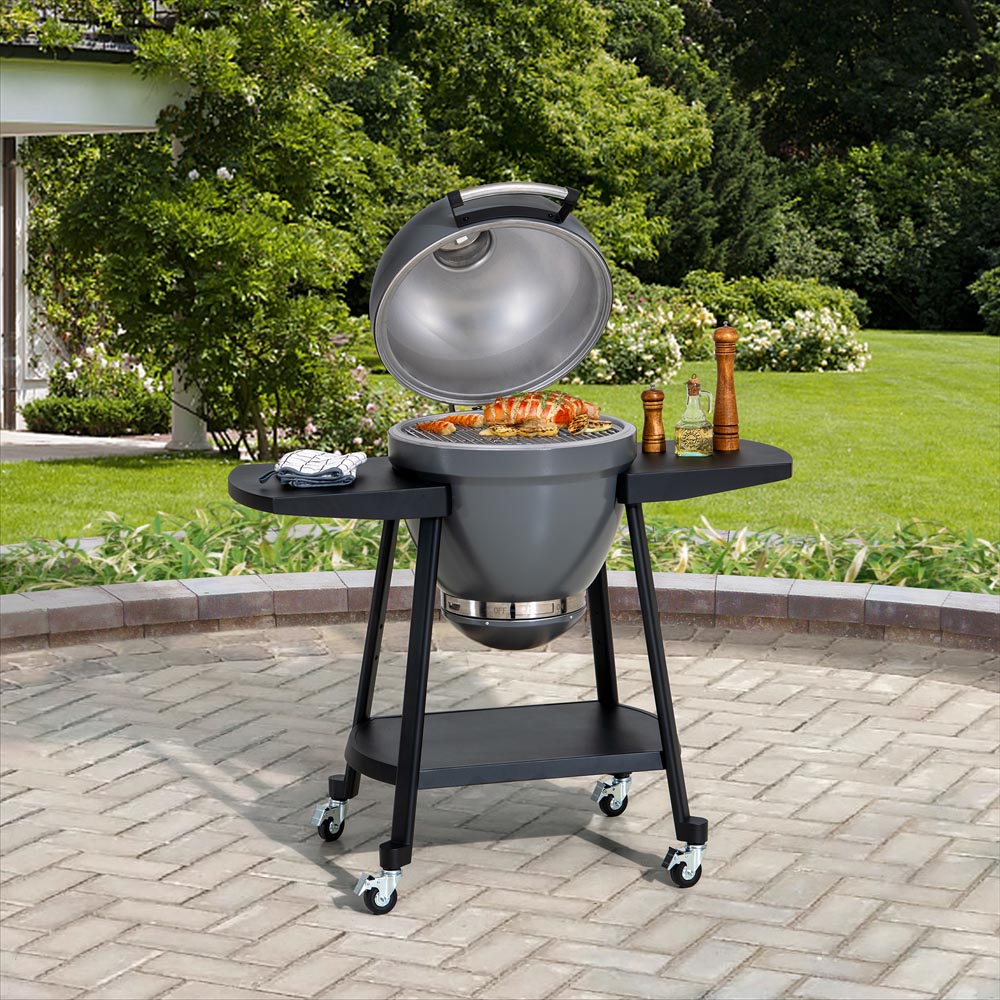 SUNJOY 20 Inch Charcoal Grill, Kamado Grill with Pizza Stone, Ultimate Egg BBQ Grill and Smoker with Wheels - Gray