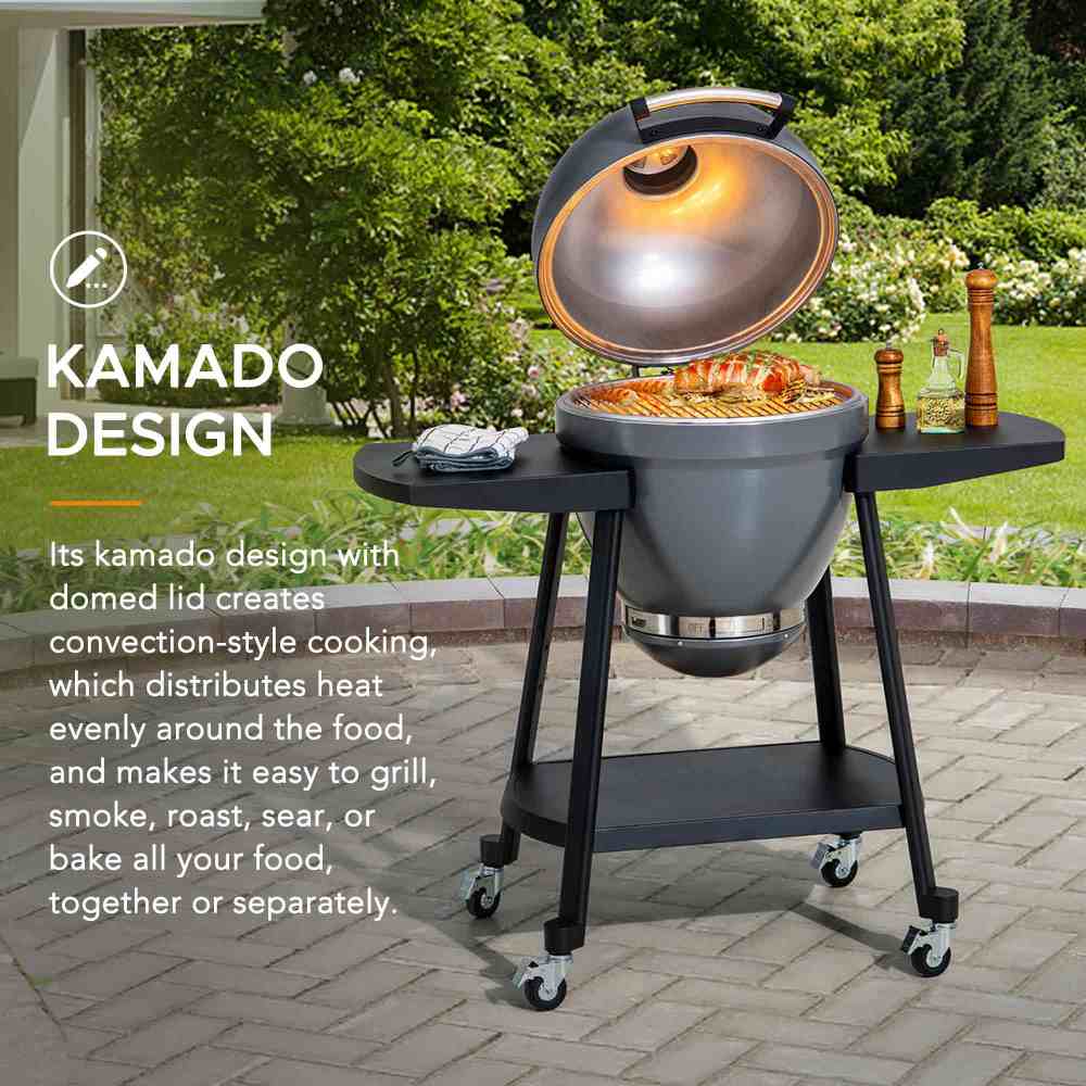 SUNJOY 20 Inch Charcoal Grill, Kamado Grill with Pizza Stone, Ultimate Egg BBQ Grill and Smoker with Wheels - Gray