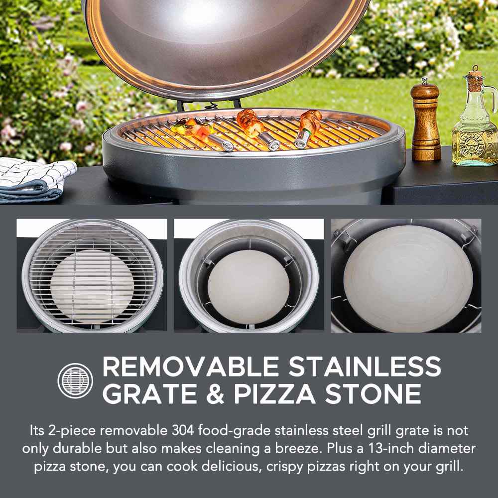 SUNJOY 20 Inch Charcoal Grill, Kamado Grill with Pizza Stone, Ultimate Egg BBQ Grill and Smoker with Wheels - Gray