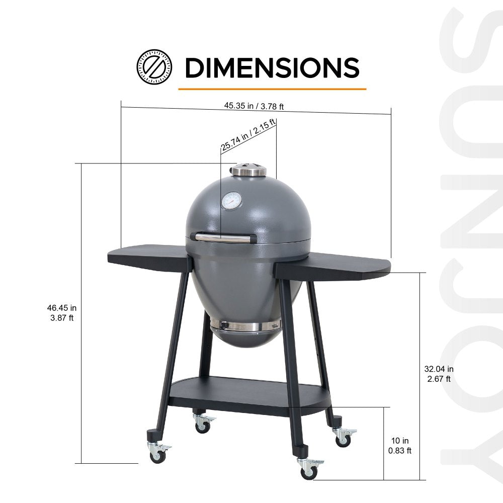 SUNJOY 20 Inch Charcoal Grill, Kamado Grill with Pizza Stone, Ultimate Egg BBQ Grill and Smoker with Wheels - Gray