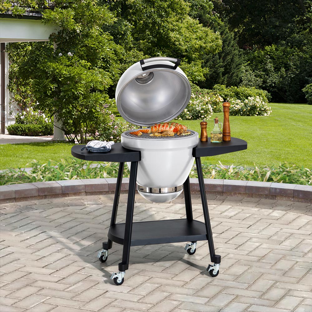 SUNJOY 20 Inch Charcoal Grill, Kamado Grill with Pizza Stone, Ultimate Egg BBQ Grill and Smoker with Wheels - White