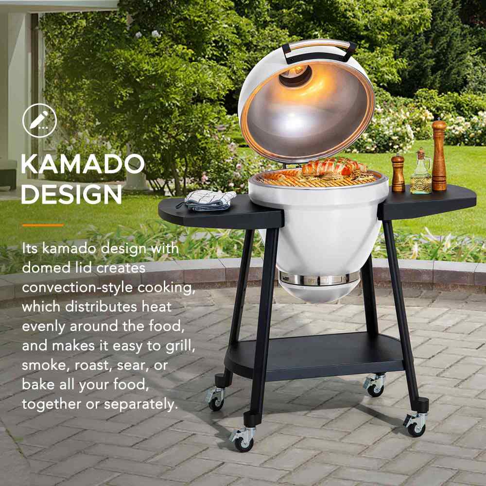 SUNJOY 20 Inch Charcoal Grill, Kamado Grill with Pizza Stone, Ultimate Egg BBQ Grill and Smoker with Wheels - White