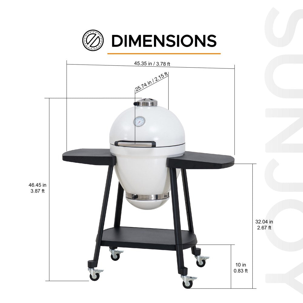 SUNJOY 20 Inch Charcoal Grill, Kamado Grill with Pizza Stone, Ultimate Egg BBQ Grill and Smoker with Wheels - White