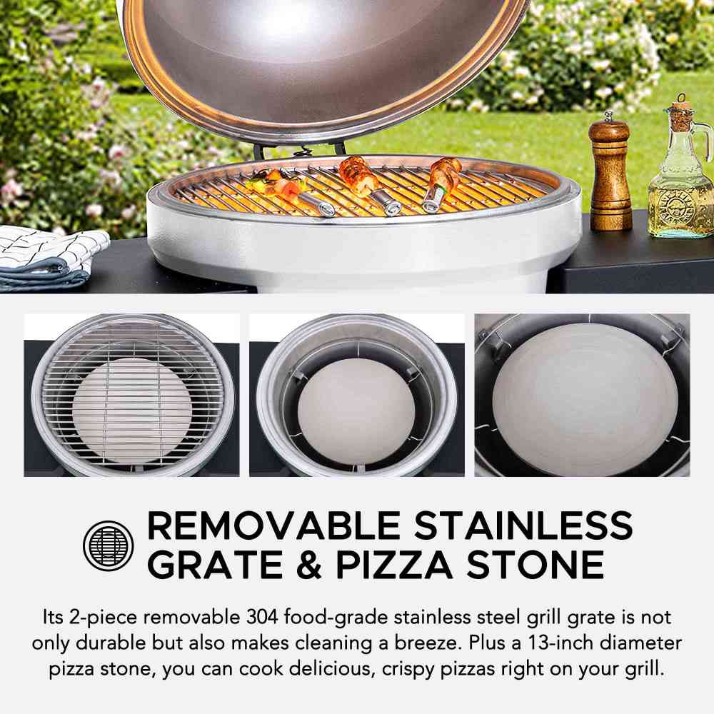 SUNJOY 20 Inch Charcoal Grill, Kamado Grill with Pizza Stone, Ultimate Egg BBQ Grill and Smoker with Wheels - White