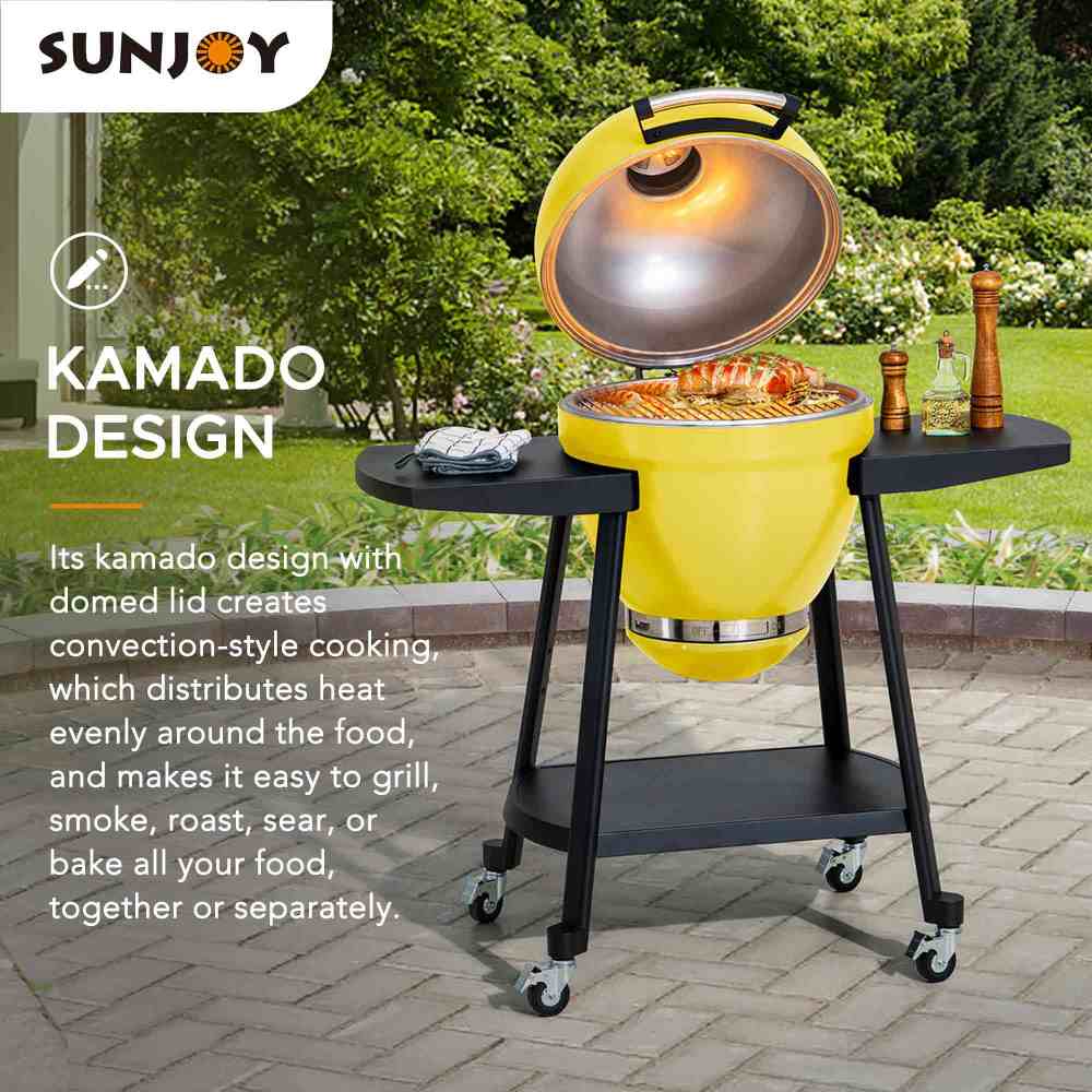 SUNJOY 20 Inch Charcoal Grill, Kamado Grill with Pizza Stone, Ultimate Egg BBQ Grill and Smoker with Wheels - Yellow