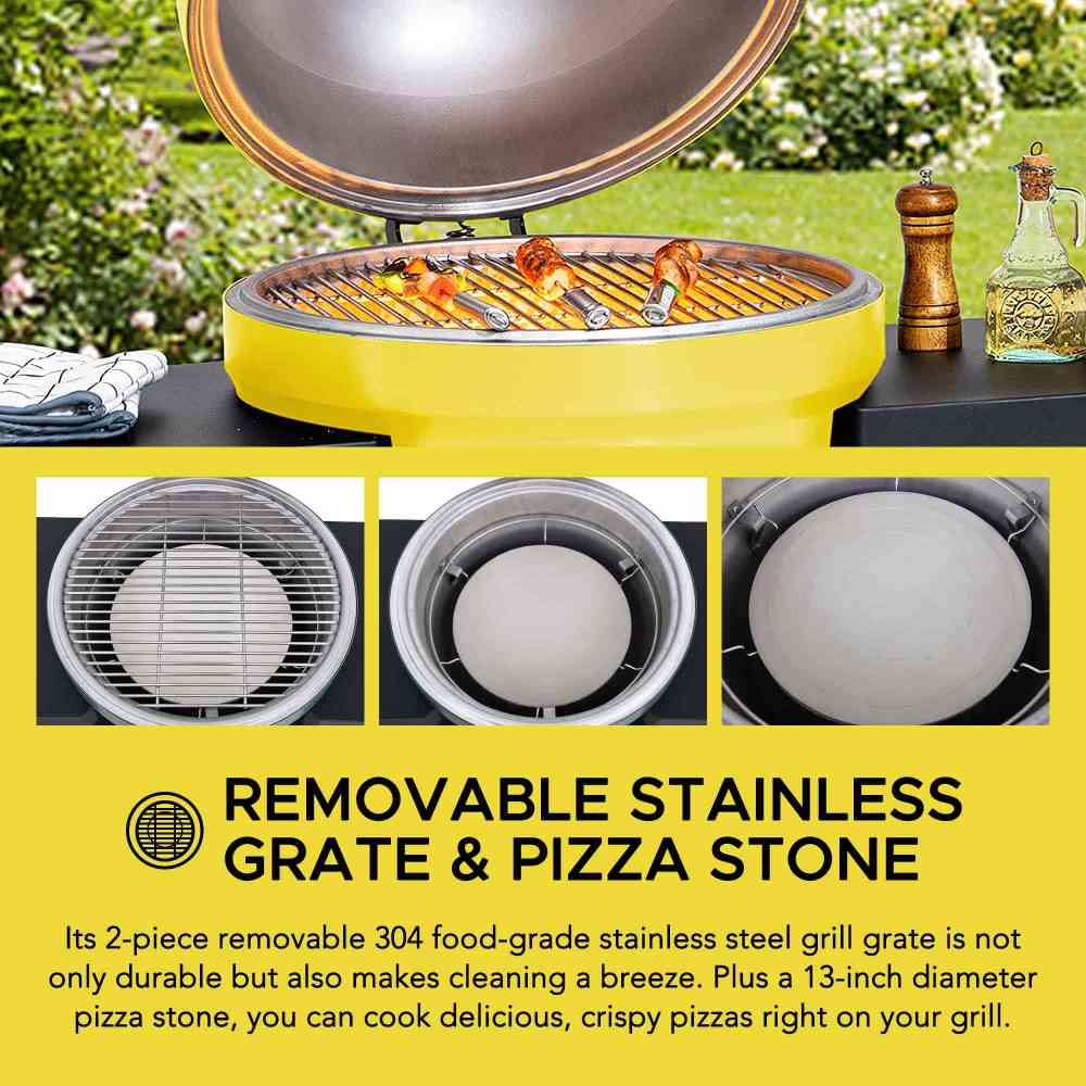 SUNJOY 20 Inch Charcoal Grill, Kamado Grill with Pizza Stone, Ultimate Egg BBQ Grill and Smoker with Wheels - Yellow