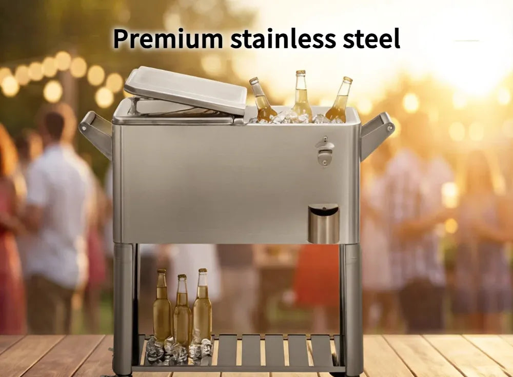 SUNJOY 80 Quart Stainless Steel Cooler Cart with Bottle Opener, Shelf and Lockable Wheels