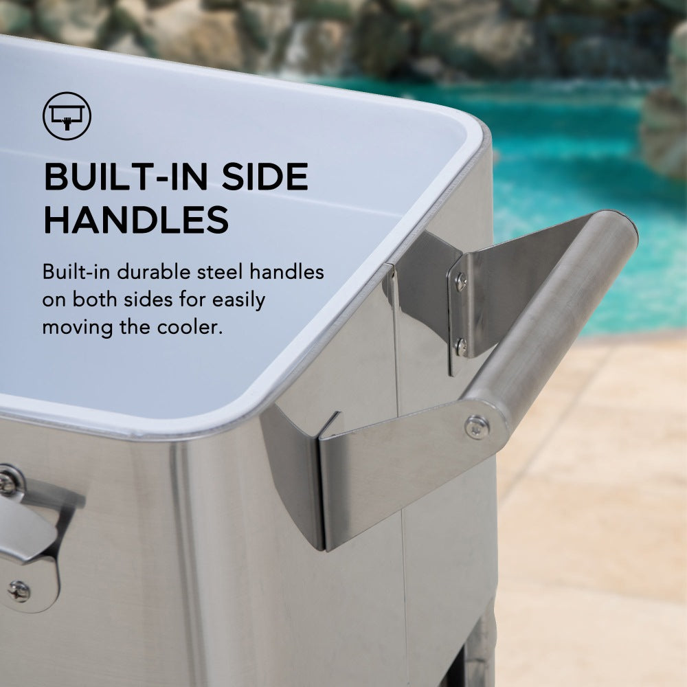 SUNJOY 80 Quart Stainless Steel Cooler Cart with Bottle Opener, Shelf and Lockable Wheels.