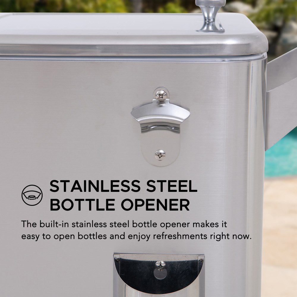 SUNJOY 80 Quart Stainless Steel Cooler Cart with Bottle Opener, Shelf and Lockable Wheels.