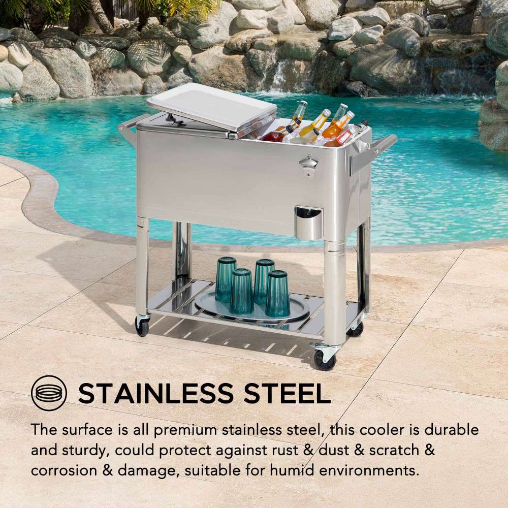 SUNJOY 80 Quart Stainless Steel Cooler Cart with Bottle Opener, Shelf and Lockable Wheels.