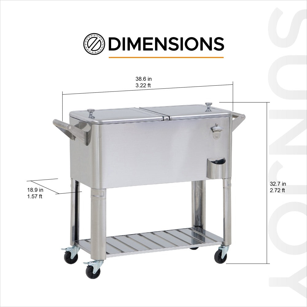 SUNJOY 80 Quart Stainless Steel Cooler Cart with Bottle Opener, Shelf and Lockable Wheels.