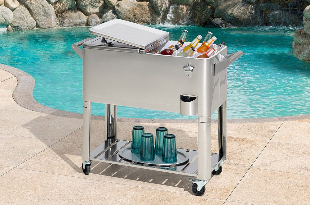 SUNJOY 80 Quart Stainless Steel Cooler Cart with Bottle Opener, Shelf and Lockable Wheels