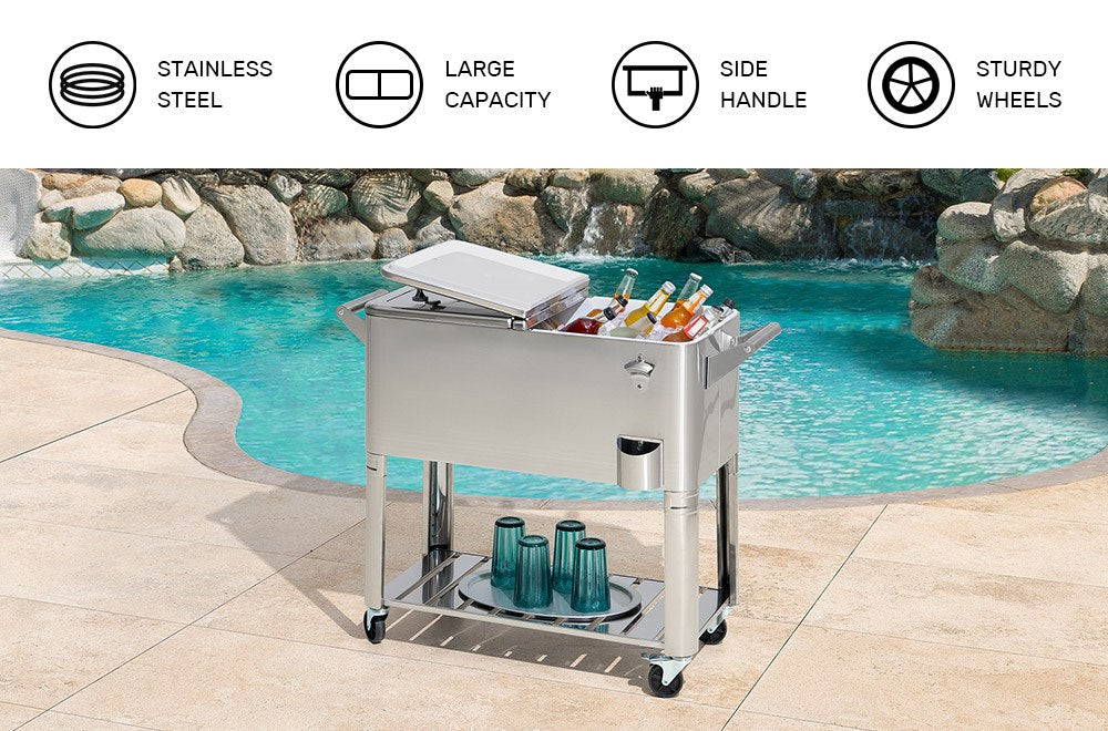 SUNJOY 80 Quart Stainless Steel Cooler Cart with Bottle Opener, Shelf and Lockable Wheels